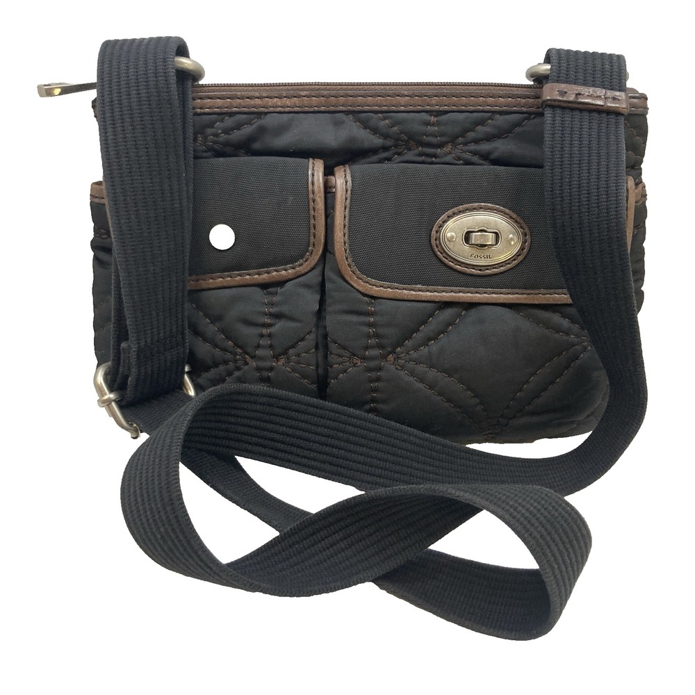 Vtg Fossil Key Per Black and Brown Gold‎ Hardware Quilted Fabric Crossbody Bag